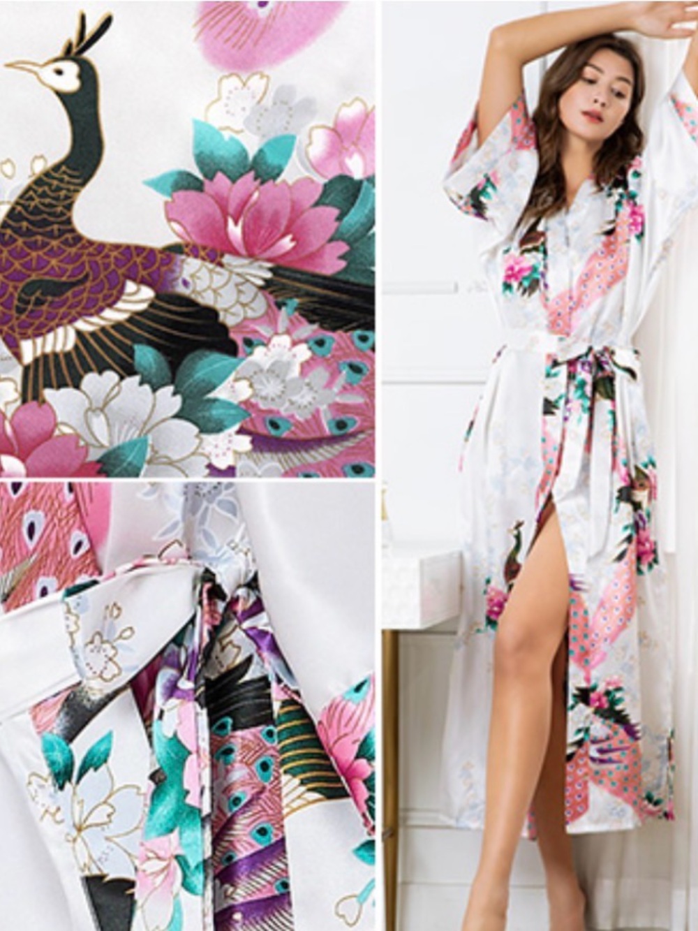 Vintage SILK Peacock and floral print robe with tie and pockets Size S/M
